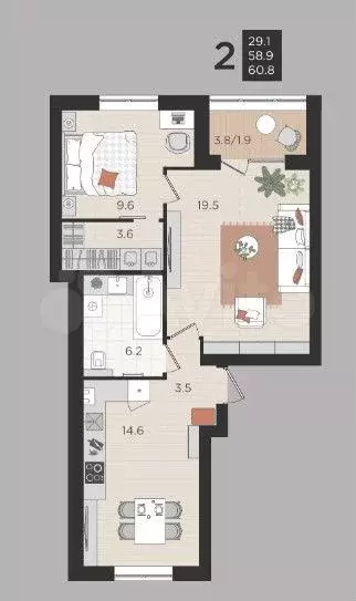 2-к. квартира, 60,8 м, 2/4 эт. - Фото 1