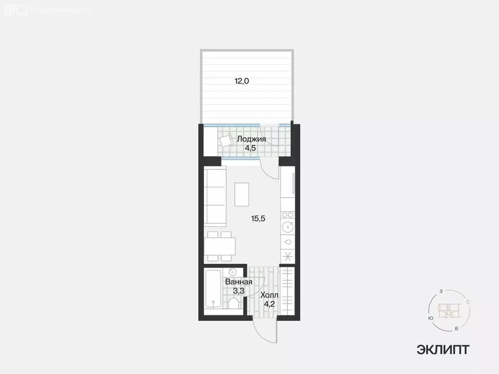 1-комнатная квартира: Тюмень, улица Игоря Комиссарова, 19 (25.24 м) - Фото 1