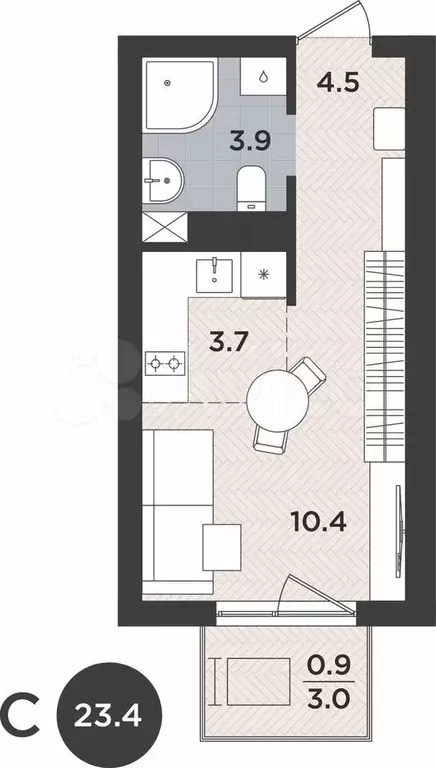 1-к. квартира, 23,4 м, 9/9 эт. - Фото 1