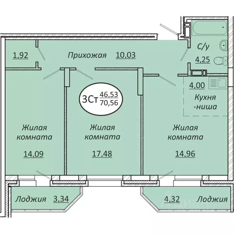 3-к кв. Новосибирская область, Новосибирск  (70.56 м) - Фото 0