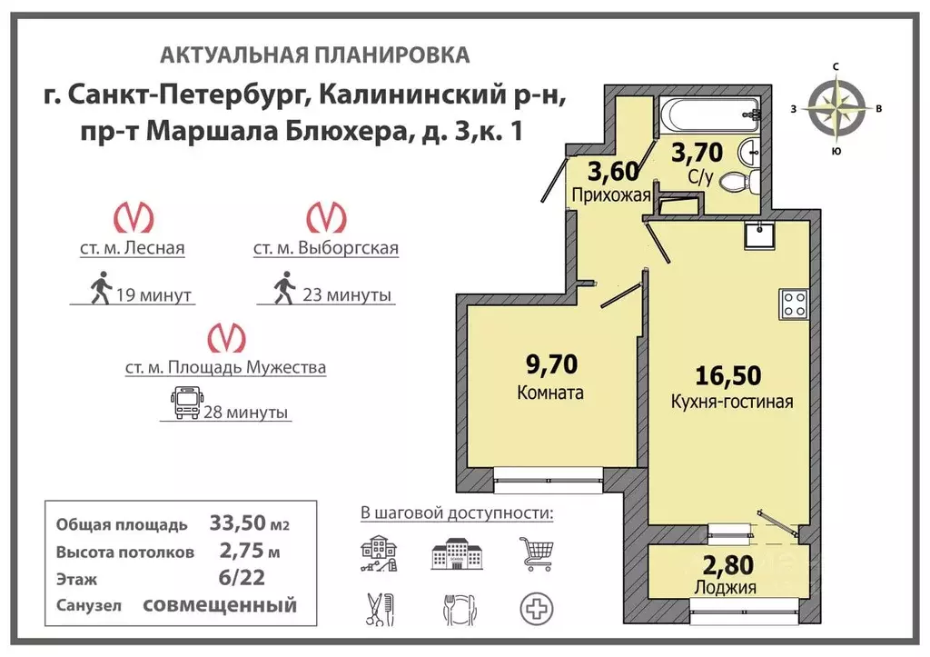 1-к кв. Санкт-Петербург просп. Маршала Блюхера, 3к1 (33.5 м) - Фото 2