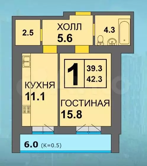 1-к. квартира, 42,8 м, 8/15 эт. - Фото 1