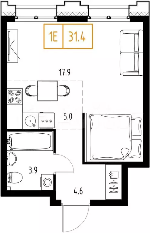 1-к. квартира, 31,4 м, 2/9 эт. - Фото 0