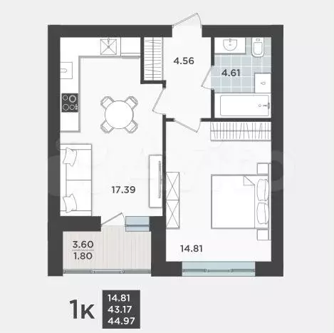 1-к. квартира, 43,2 м, 1/9 эт. - Фото 1