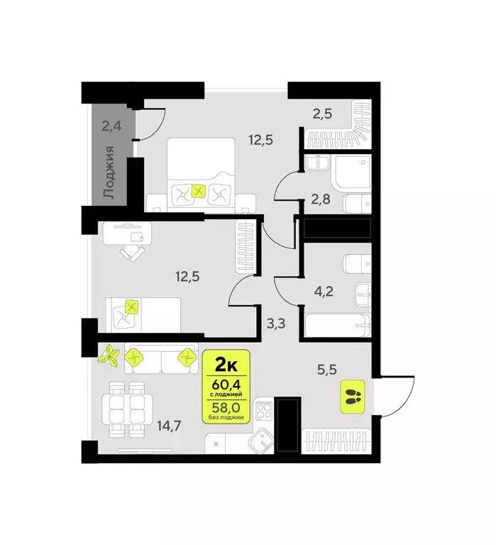 2-комнатная квартира: Тюмень, улица Первооткрывателей, 9 (60.4 м) - Фото 0