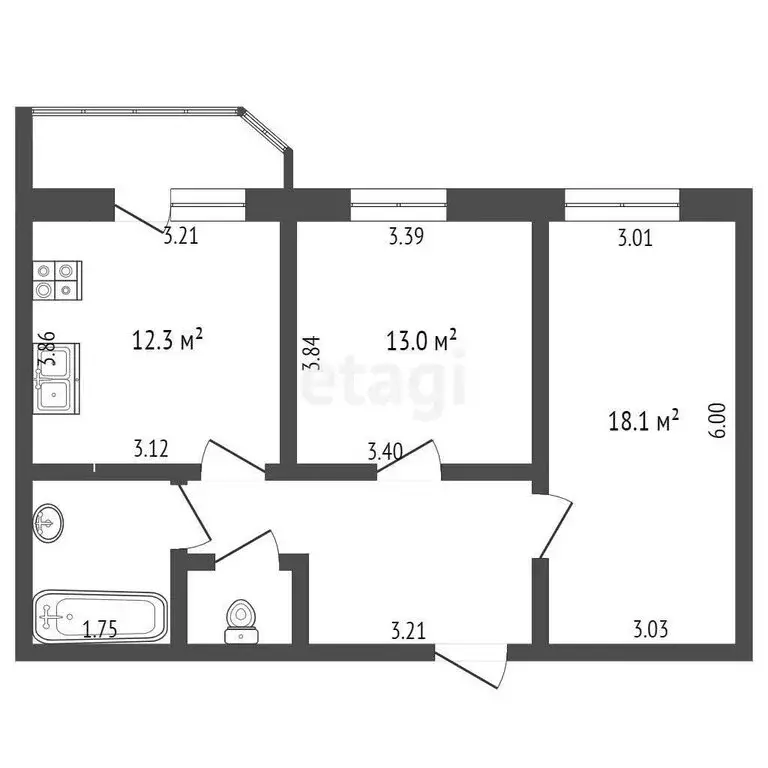 2-комнатная квартира: Вологда, улица Лётчика Каберова, 1А (56 м) - Фото 0