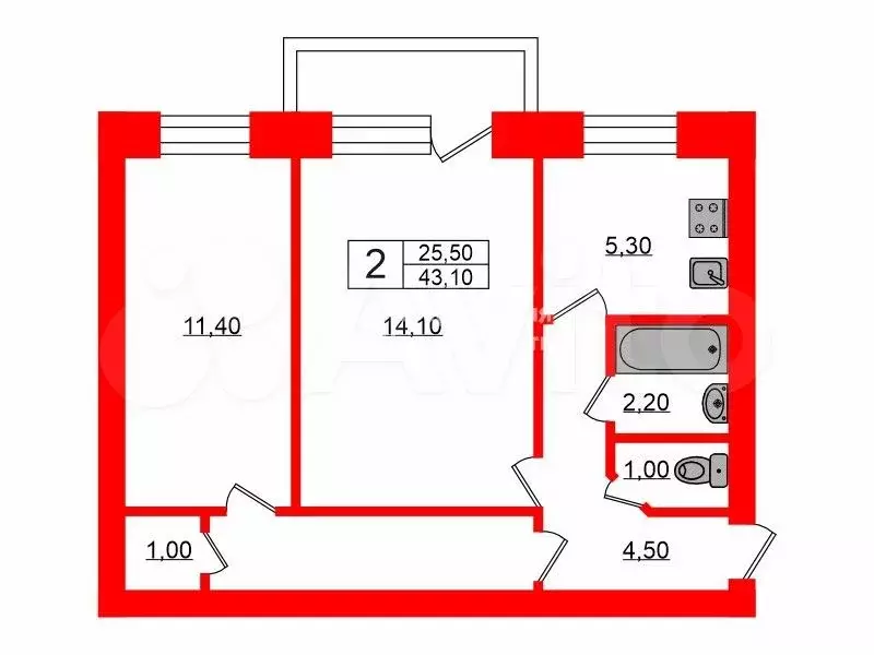 2-к. квартира, 43,1 м, 5/5 эт. - Фото 0