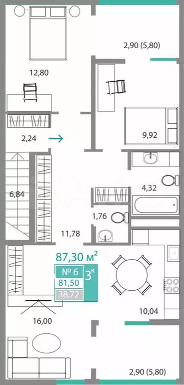 3-к. квартира, 80,8 м, 2/9 эт. - Фото 0