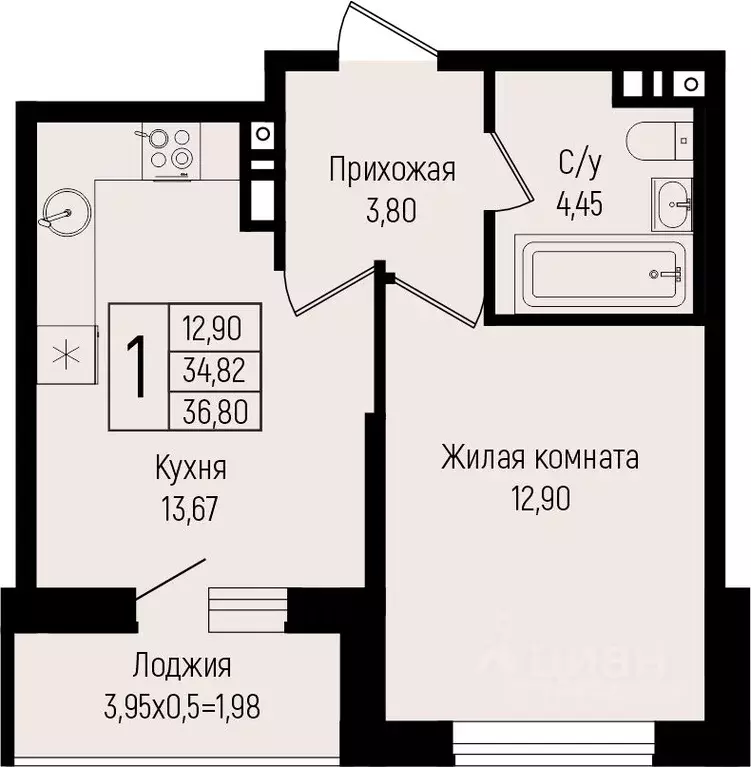 1-к кв. Краснодарский край, Краснодар ул. Михаила Барибана (36.8 м) - Фото 0