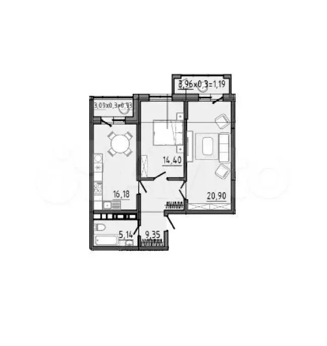 2-к. квартира, 68,7 м, 12/16 эт. - Фото 1