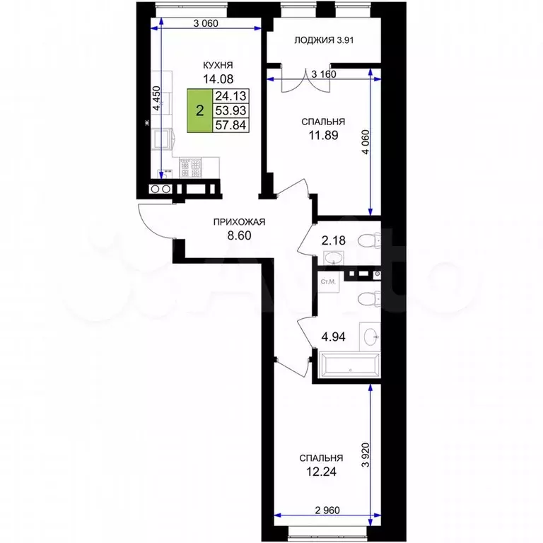 2-к. квартира, 57,8 м, 2/7 эт. - Фото 1