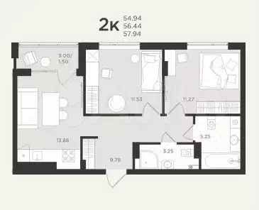 2-к. квартира, 57,9 м, 3/4 эт. - Фото 1