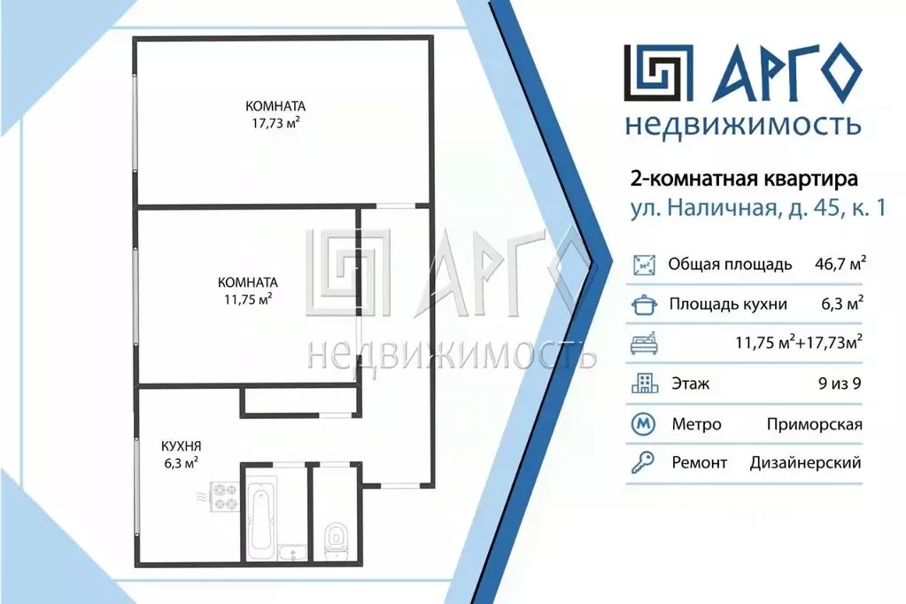 2-к кв. Санкт-Петербург Наличная ул., 45К1 (46.7 м) - Фото 2