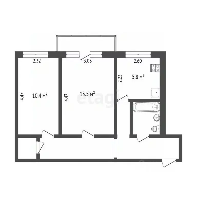 2-к кв. Челябинская область, Челябинск ул. Калинина, 6 (46.1 м) - Фото 1