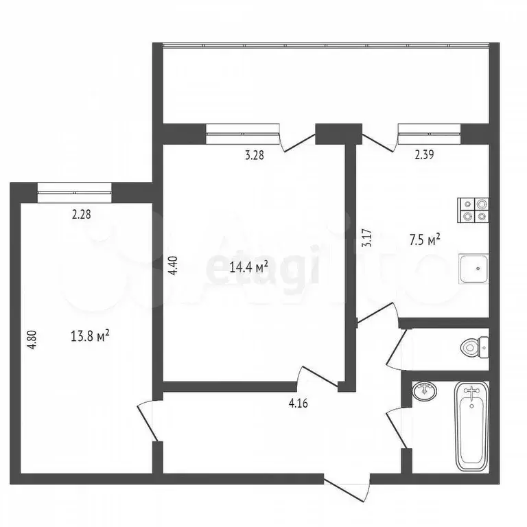 2-к. квартира, 46 м, 4/9 эт. - Фото 0