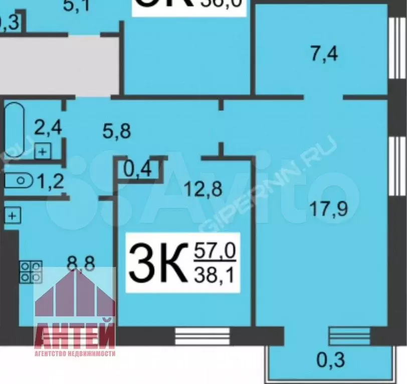 3-к. квартира, 57 м, 4/9 эт. - Фото 0