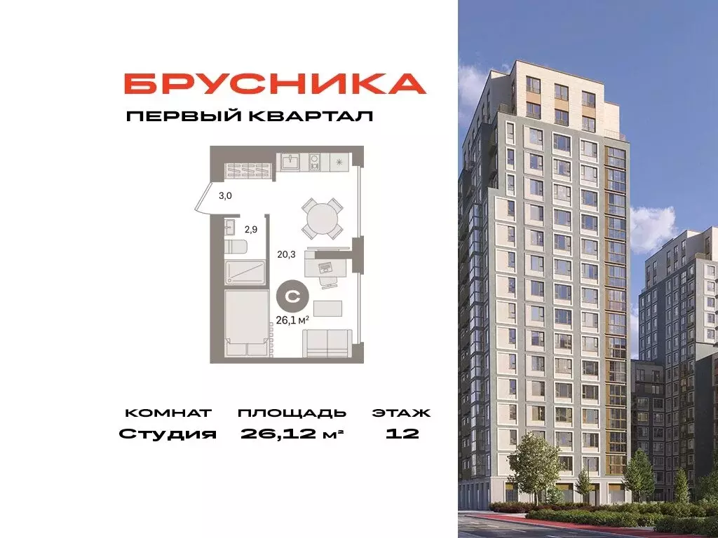 Квартира-студия: деревня Сапроново, микрорайон Купелинка (26.12 м) - Фото 0
