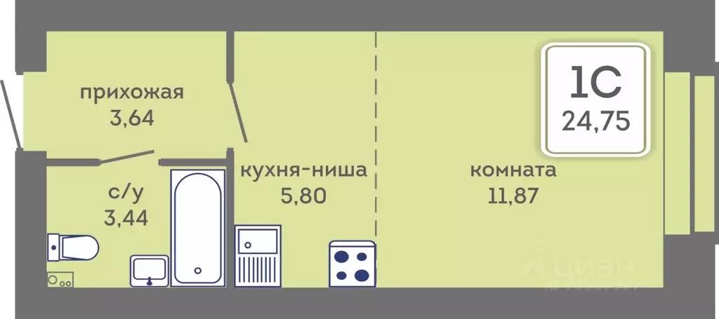 Студия Пермский край, Пермь Кировоградская ул., 28 (24.75 м) - Фото 0