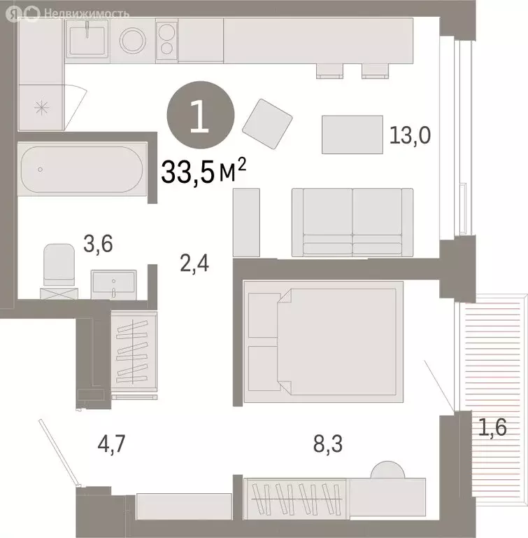 1-комнатная квартира: Тюмень, жилой комплекс Зарека (33.53 м) - Фото 1