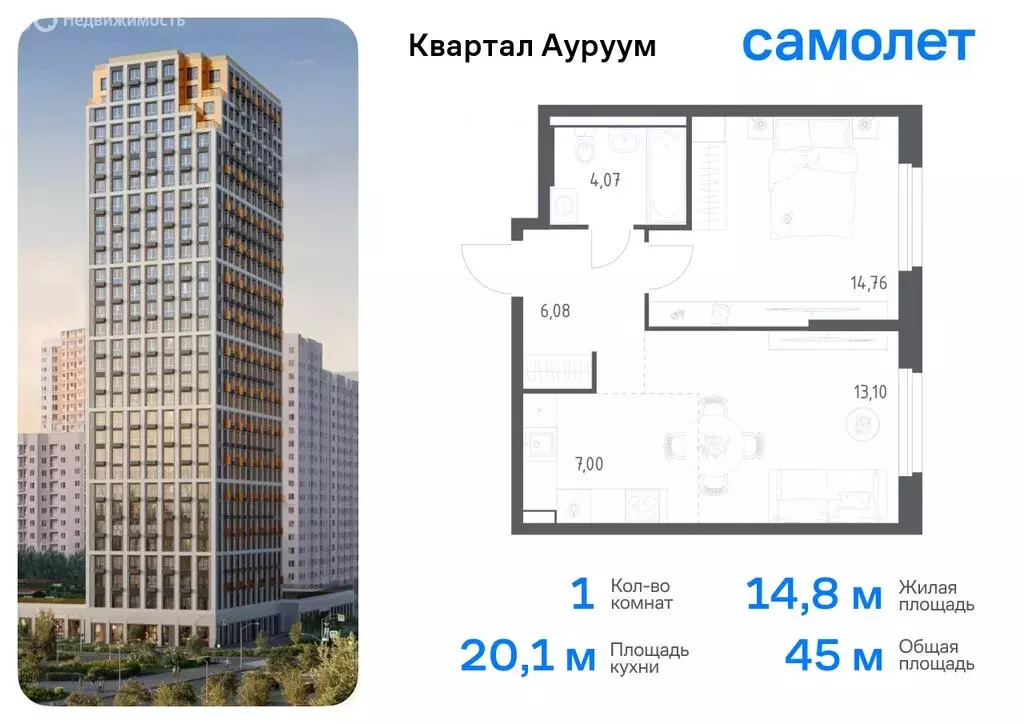 1-комнатная квартира: Екатеринбург, ЖК Квартал Ауруум, к1 (45.01 м) - Фото 0