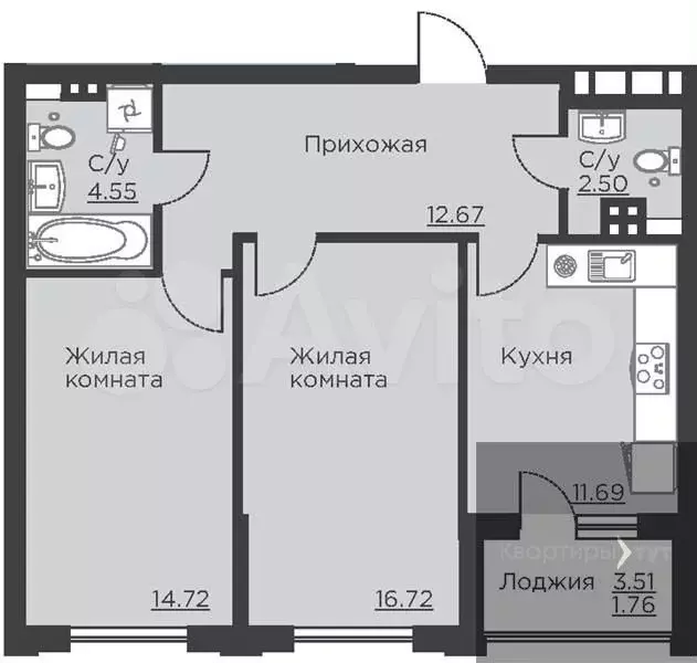 2-к. квартира, 64,6 м, 4/18 эт. - Фото 0