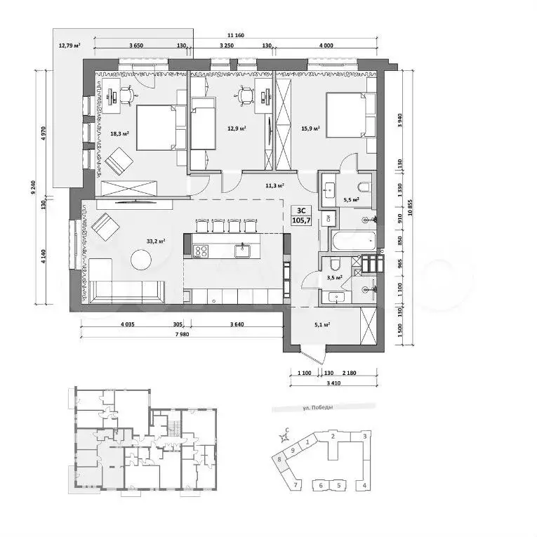 3-к. квартира, 112,1 м, 2/6 эт. - Фото 1