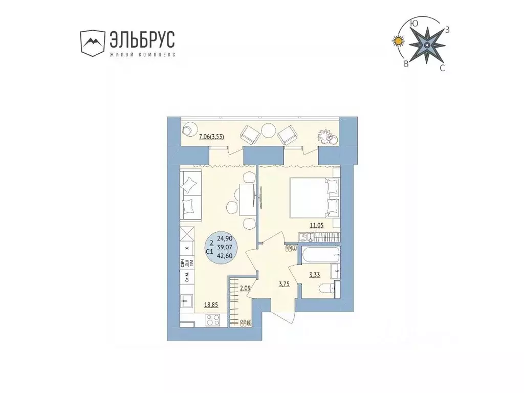 2-к кв. Башкортостан, Уфа Кавказская ул., 24 (42.6 м) - Фото 1