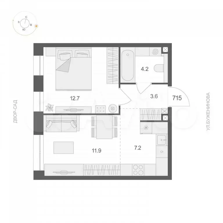 1-к. квартира, 39,6 м, 7/12 эт. - Фото 0