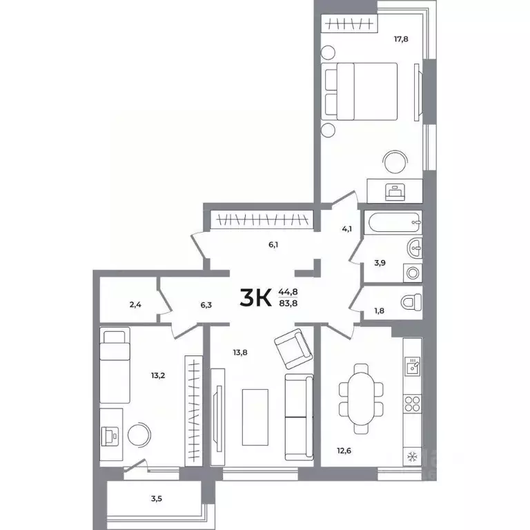 3-к кв. Новосибирская область, Новосибирск Беловежский мкр,  (83.0 м) - Фото 0