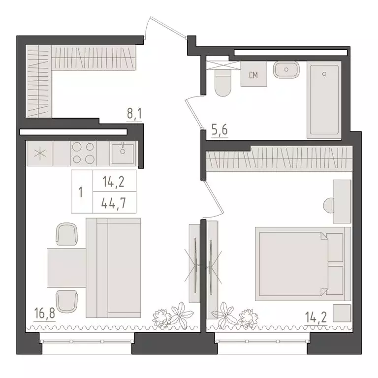 1-комнатная квартира: Уфа, 563-й квартал (44.7 м) - Фото 0