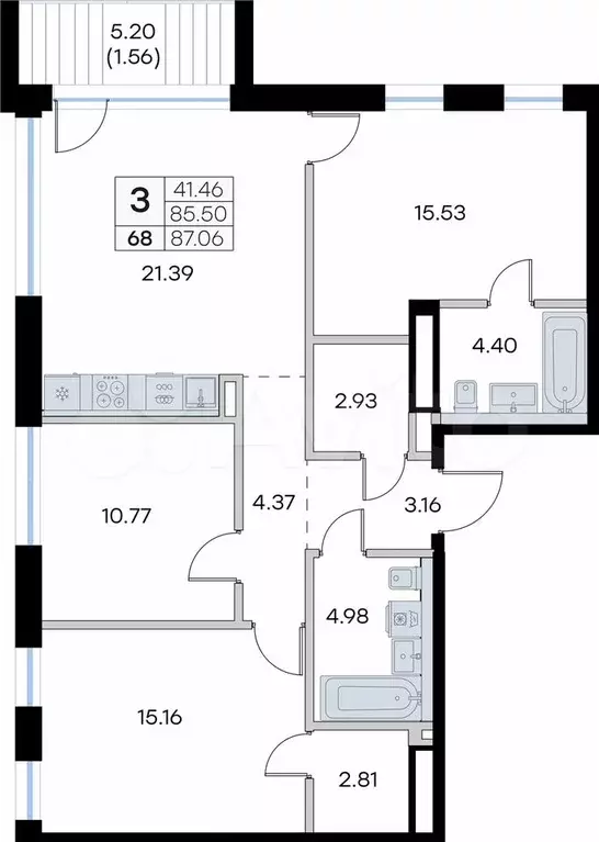 3-к. квартира, 87,1 м, 5/8 эт. - Фото 0