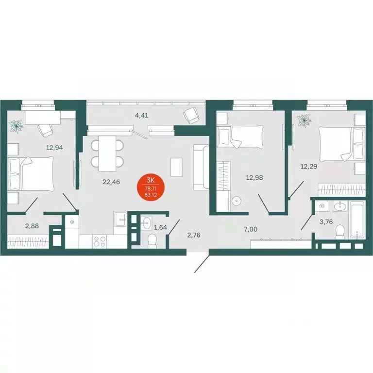 3-к кв. Тюменская область, Тюмень Одесская ул., 7к2 (78.71 м) - Фото 0