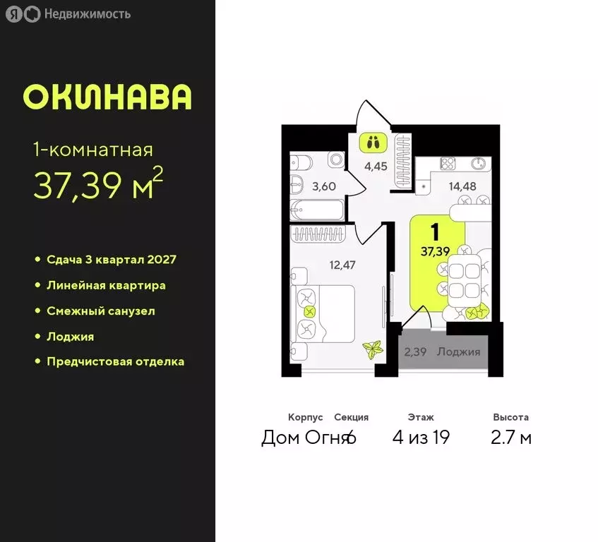 1-комнатная квартира: Тюмень, жилой комплекс Окинава (37.39 м) - Фото 0