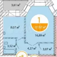 1-к. квартира, 37,6 м, 2/7 эт. - Фото 1