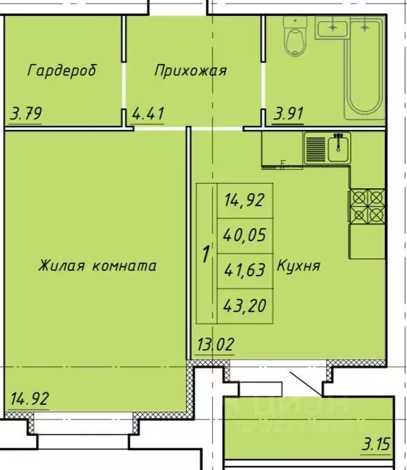 1-к кв. Тамбовская область, Тамбов ул. Гастелло, 109Б (43.2 м) - Фото 1