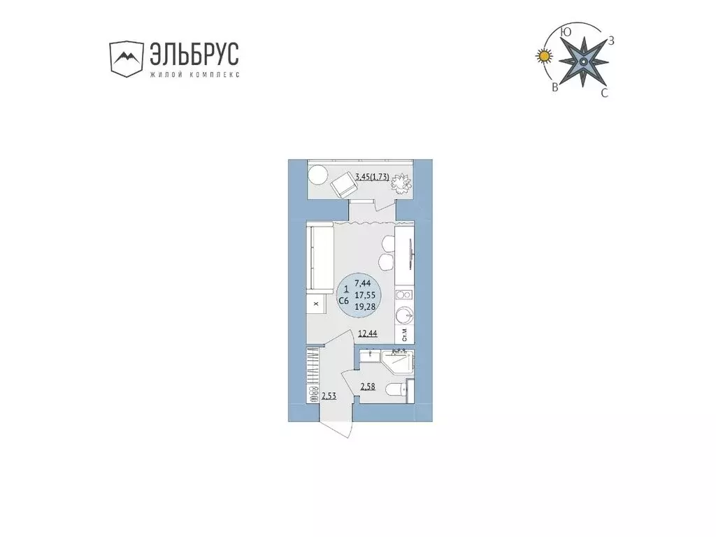 Квартира-студия: Уфа, микрорайон Юрюзань, ЖК Эльбрус, ск1 (19.28 м) - Фото 1