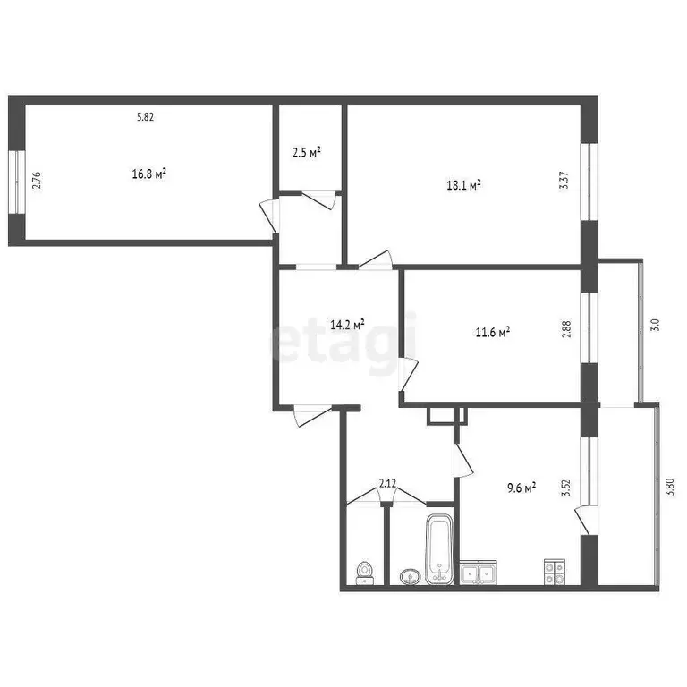 Квартира, 3 комнаты, 75.9 м - Фото 0