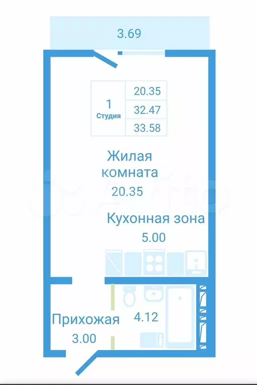 Квартира-студия, 33 м, 8/10 эт. - Фото 0