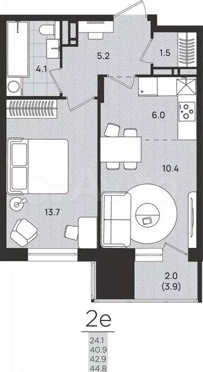2-к. квартира, 42,9 м, 7/8 эт. - Фото 0