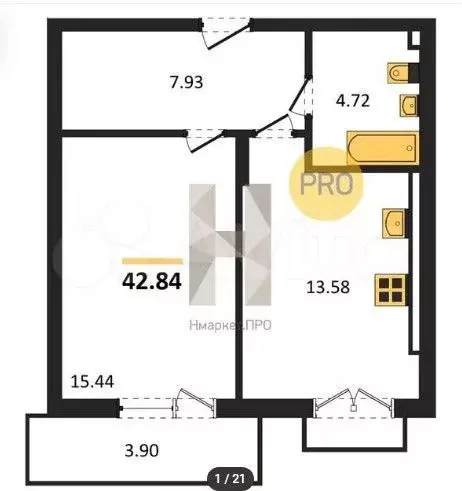 1-к. квартира, 42,6 м, 7/7 эт. - Фото 1