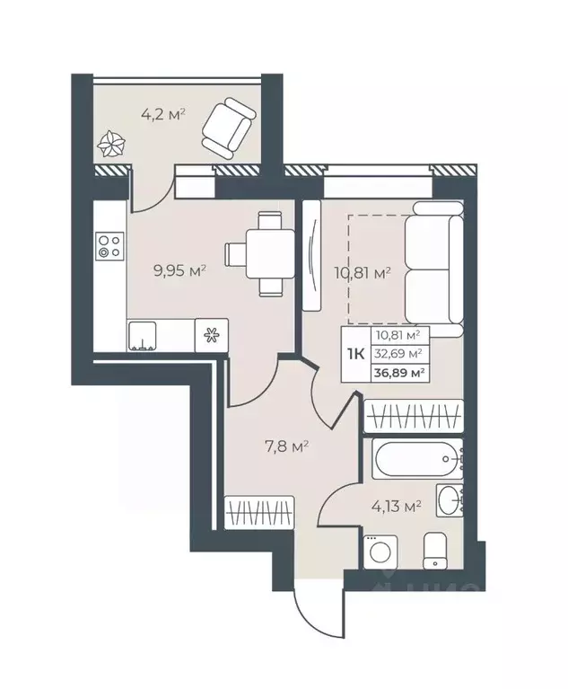 1-к кв. Нижегородская область, Выкса инженера Шухова кв-л,  (36.89 м) - Фото 1