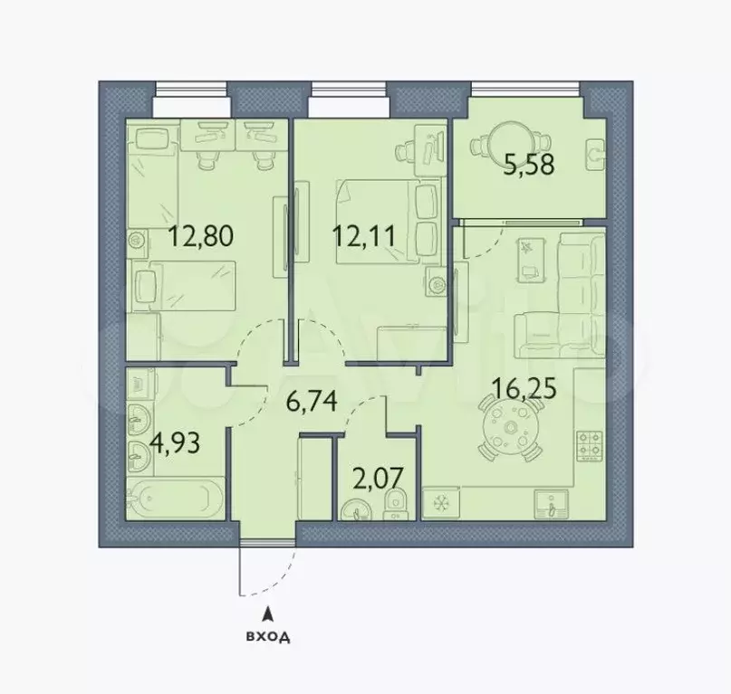 2-к. квартира, 60,5 м, 4/8 эт. - Фото 1