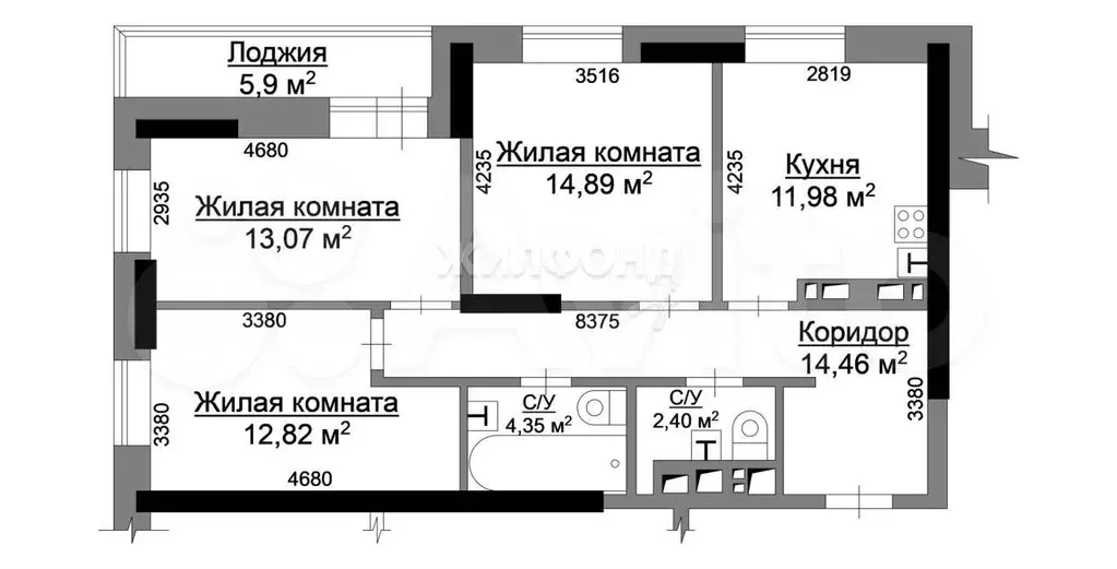 3-к. квартира, 73,1 м, 8/25 эт. - Фото 0