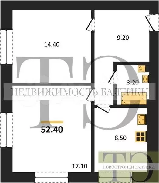 2-к. квартира, 52,4 м, 1/6 эт. - Фото 0