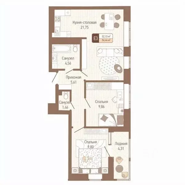 2-к кв. Тульская область, Тула Кулик жилой комплекс (54.29 м) - Фото 1