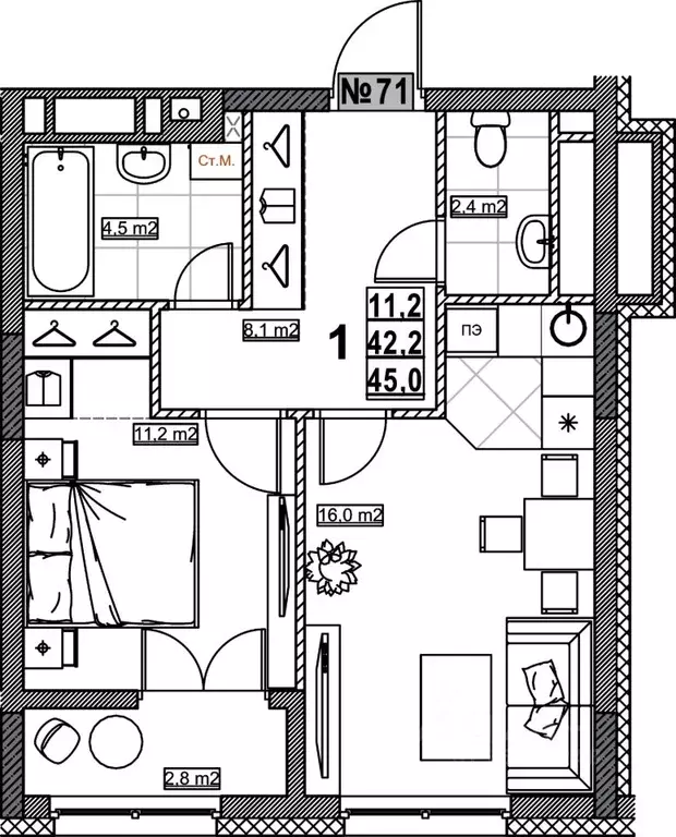 1-к кв. Нижегородская область, Нижний Новгород ул. Бетанкура, 7 (45.0 ... - Фото 1