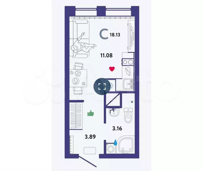 Квартира-студия, 18,1 м, 3/16 эт. - Фото 1