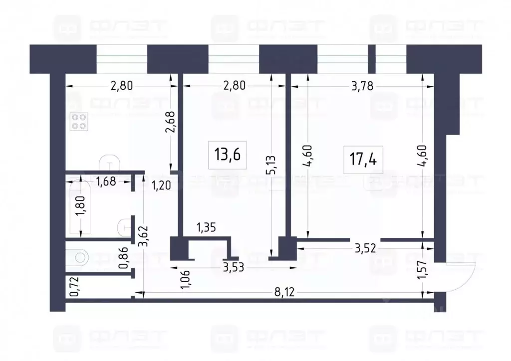 2-к кв. Татарстан, Казань ул. Декабристов, 164/91 (57.3 м) - Фото 2
