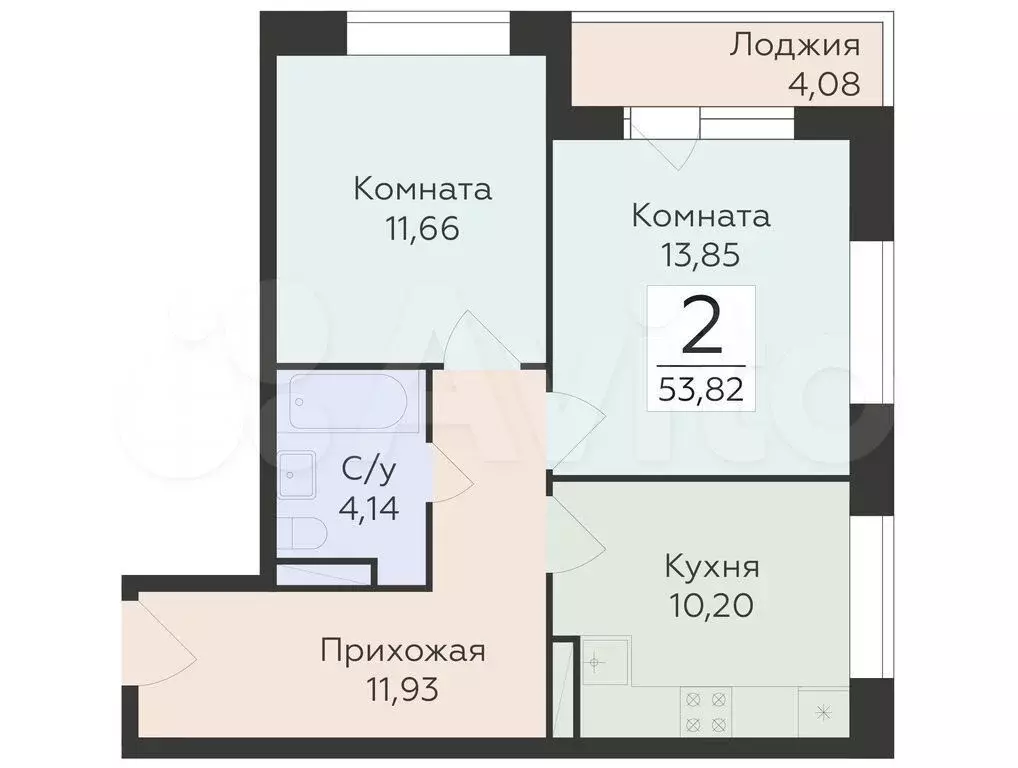 2-к. квартира, 53,8 м, 6/25 эт. - Фото 0