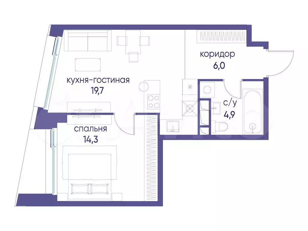 1-к. квартира, 44,9 м, 10/14 эт. - Фото 0
